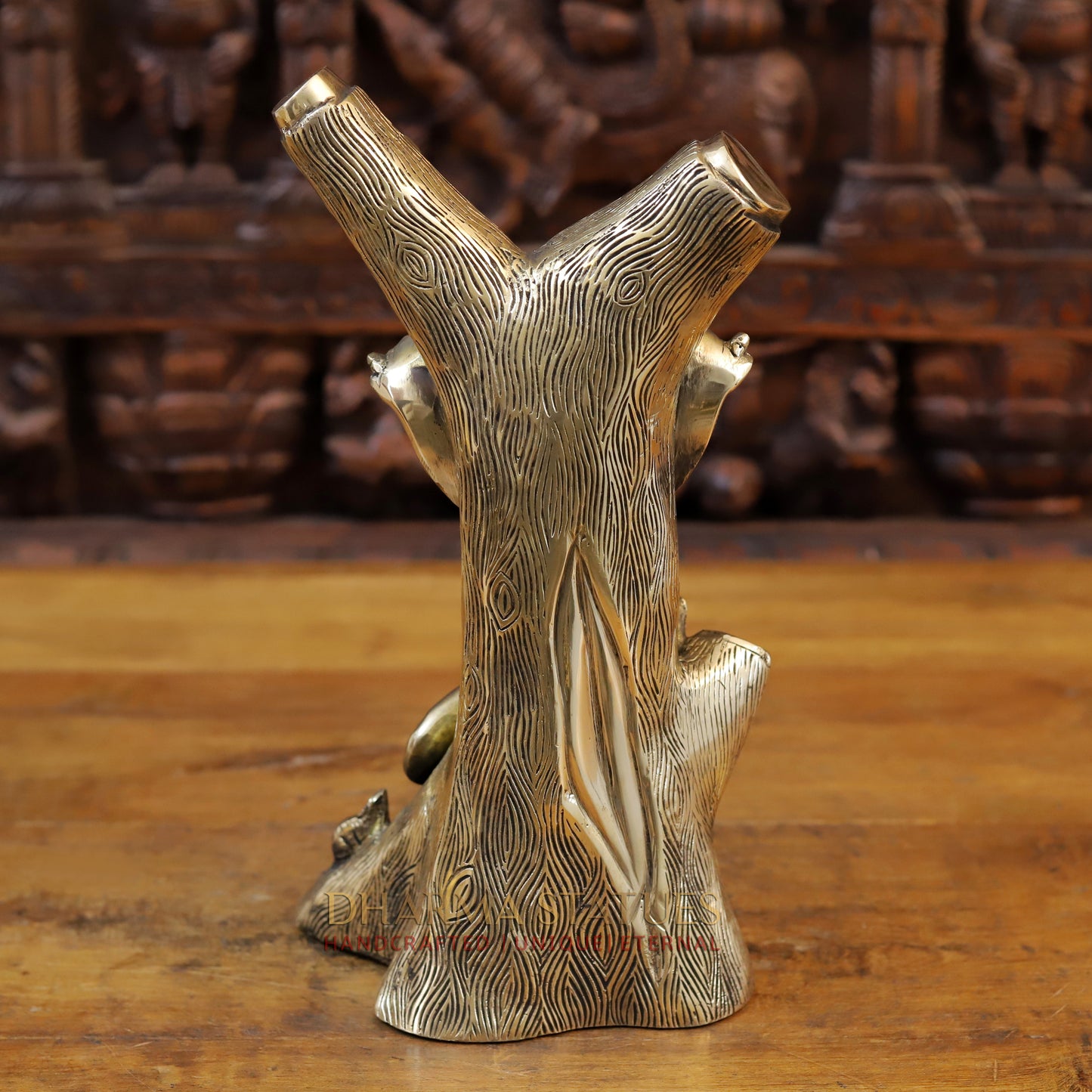Brass Ganesh Statues Carved in Tree with Rat, Fine Gold Finish, 13"