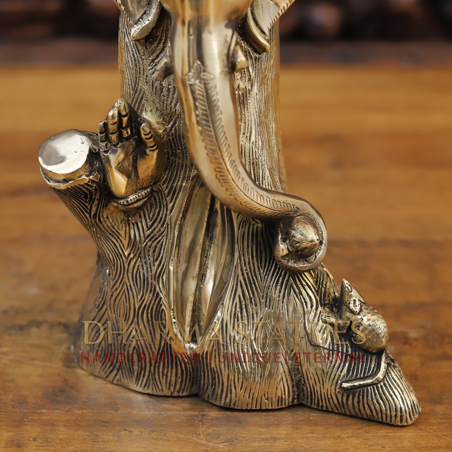 Brass Ganesh Statues Carved in Tree with Rat, Fine Gold Finish, 13"
