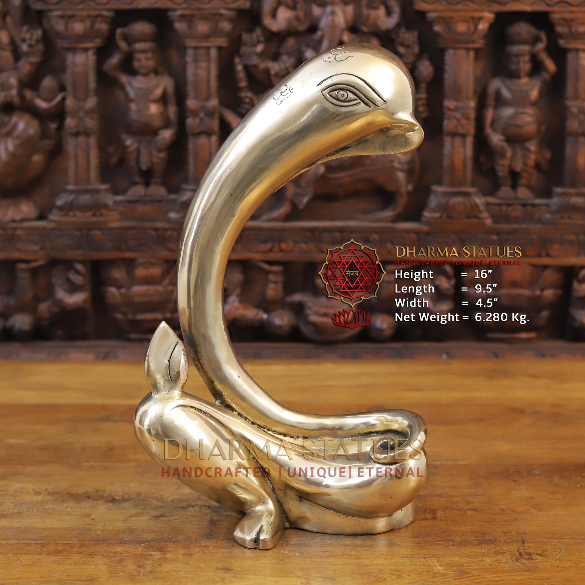 Brass Modern Tusk Ganesh Statue in a Sitting Position, Fine Gold, 16" Front View