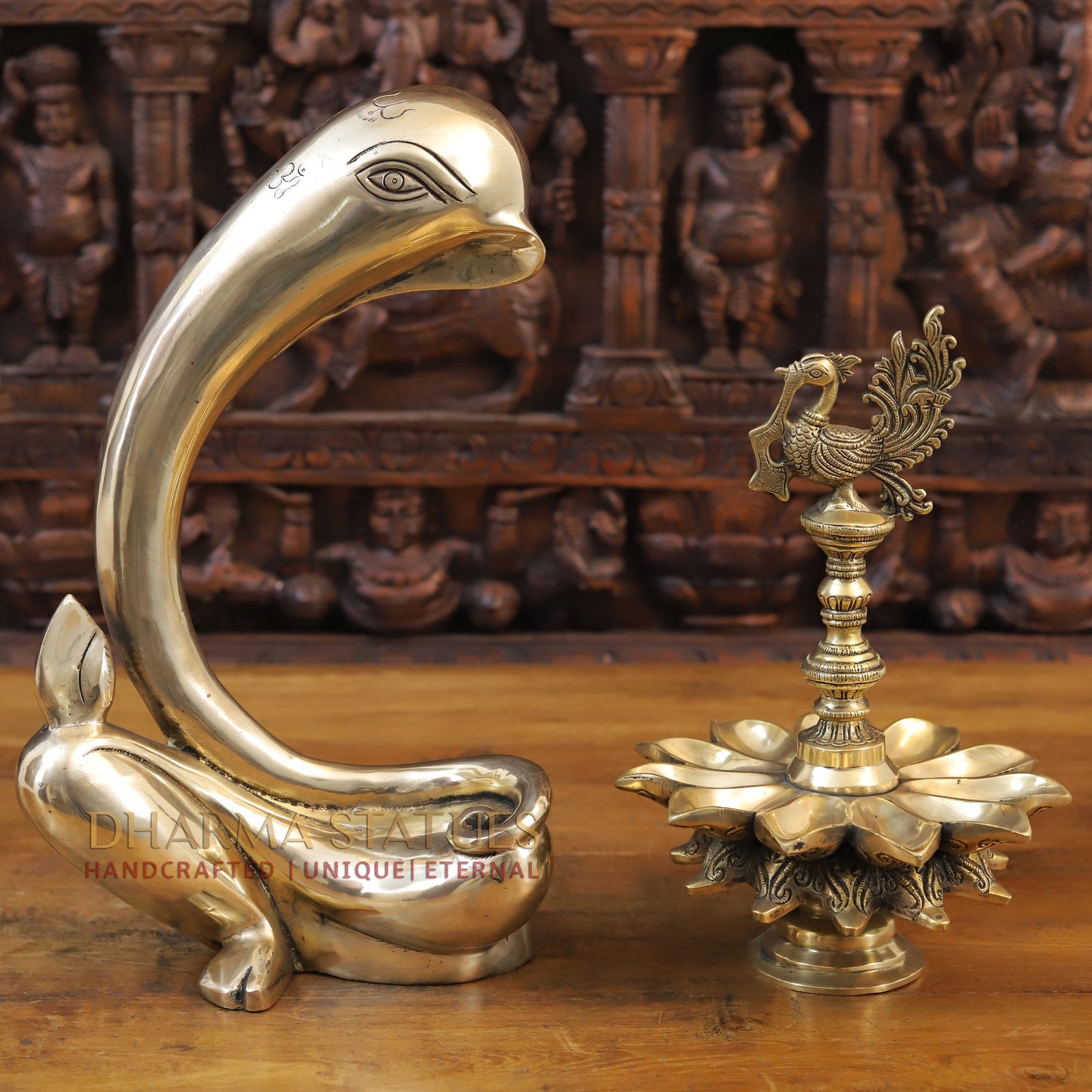 Brass Modern Tusk Ganesh Statue in a Sitting Position, Fine Gold, 16"