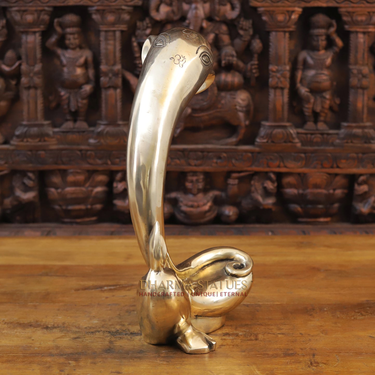 Brass Modern Tusk Ganesh Statue in a Sitting Position, Fine Gold, 16"