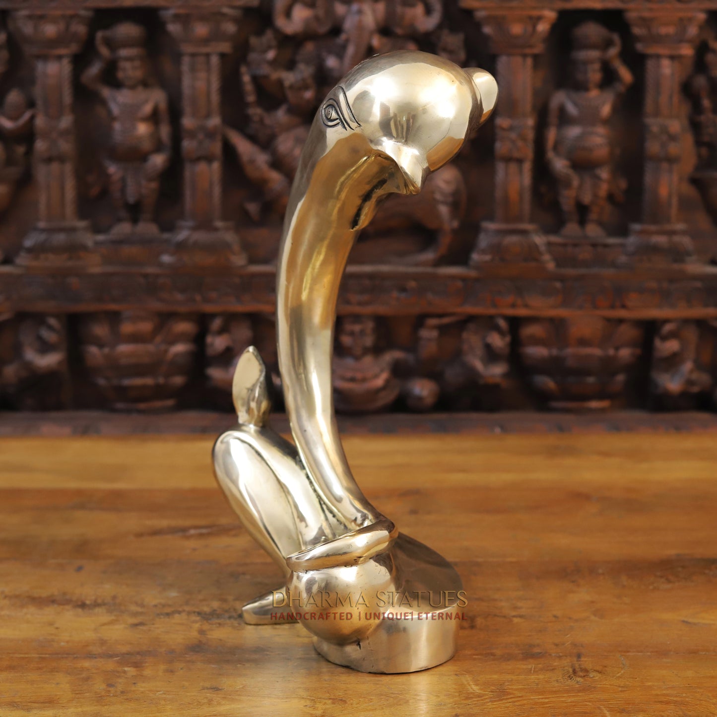 Brass Modern Tusk Ganesh Statue in a Sitting Position, Fine Gold, 16"