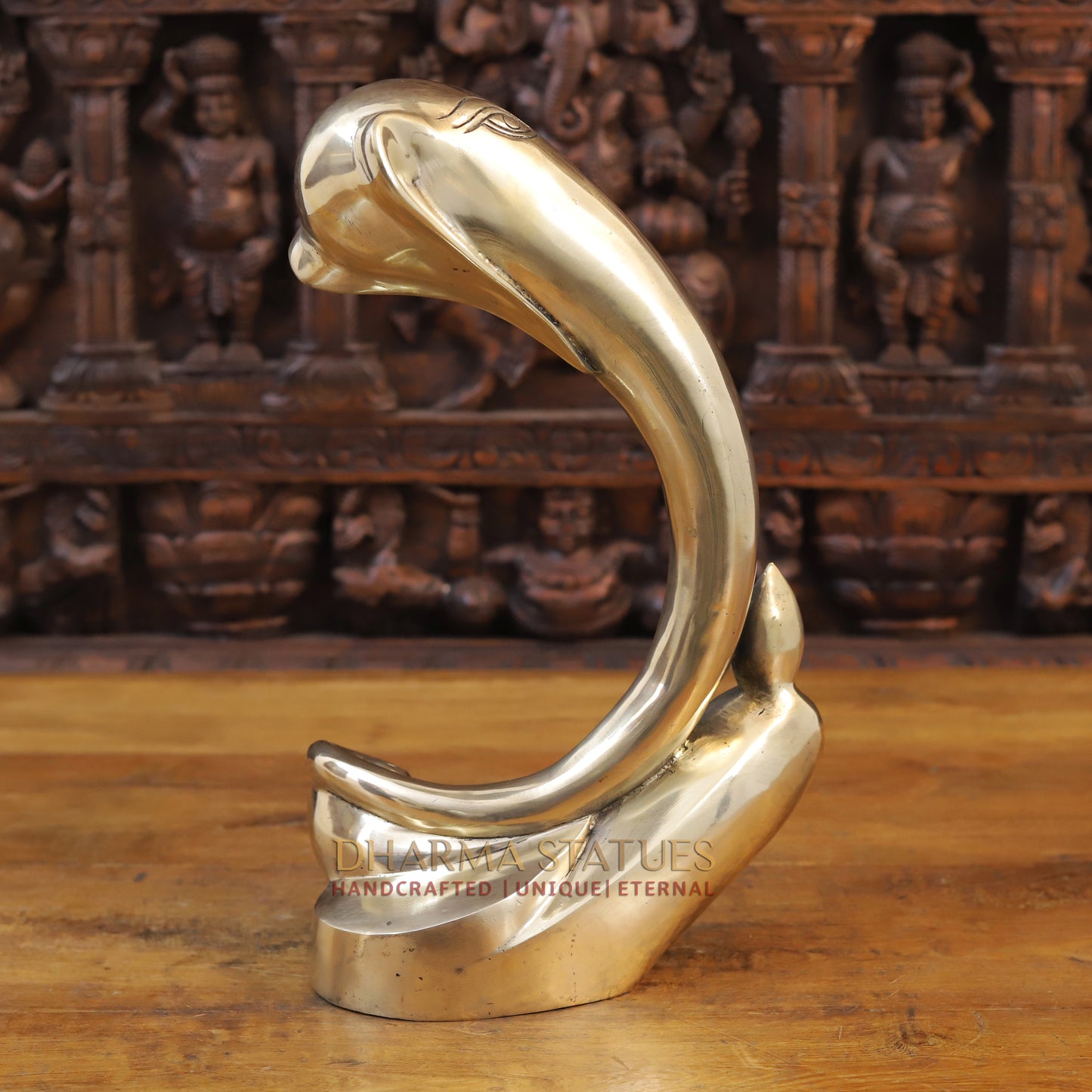 Brass Modern Tusk Ganesh Statue in a Sitting Position, Fine Gold, 16"