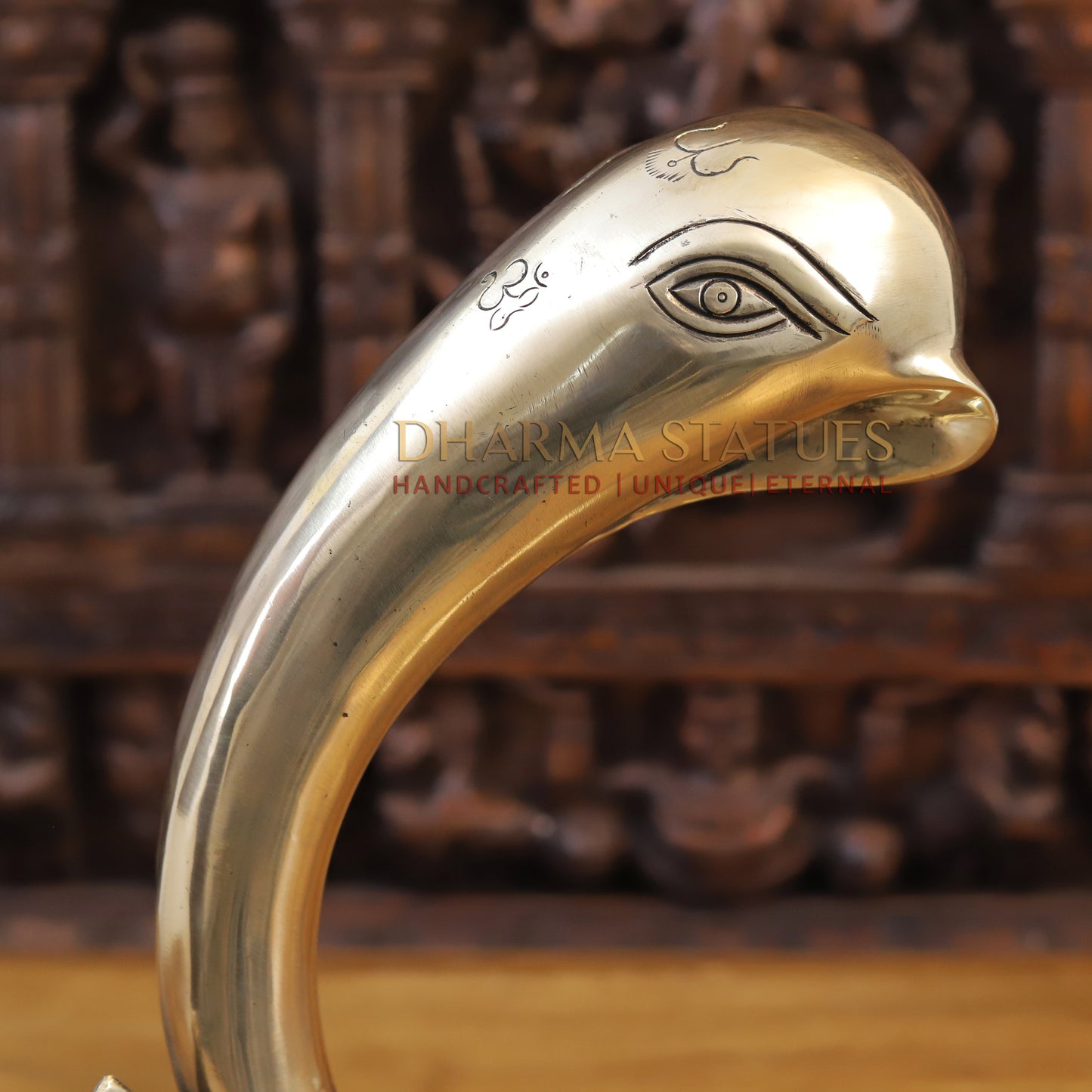 Brass Modern Tusk Ganesh Statue in a Sitting Position, Fine Gold, 16"