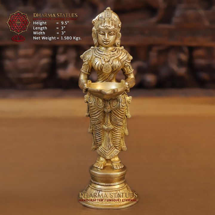 Brass Deep Lady. Standing Holding A Diya, Fine Golden Finish 9.5"