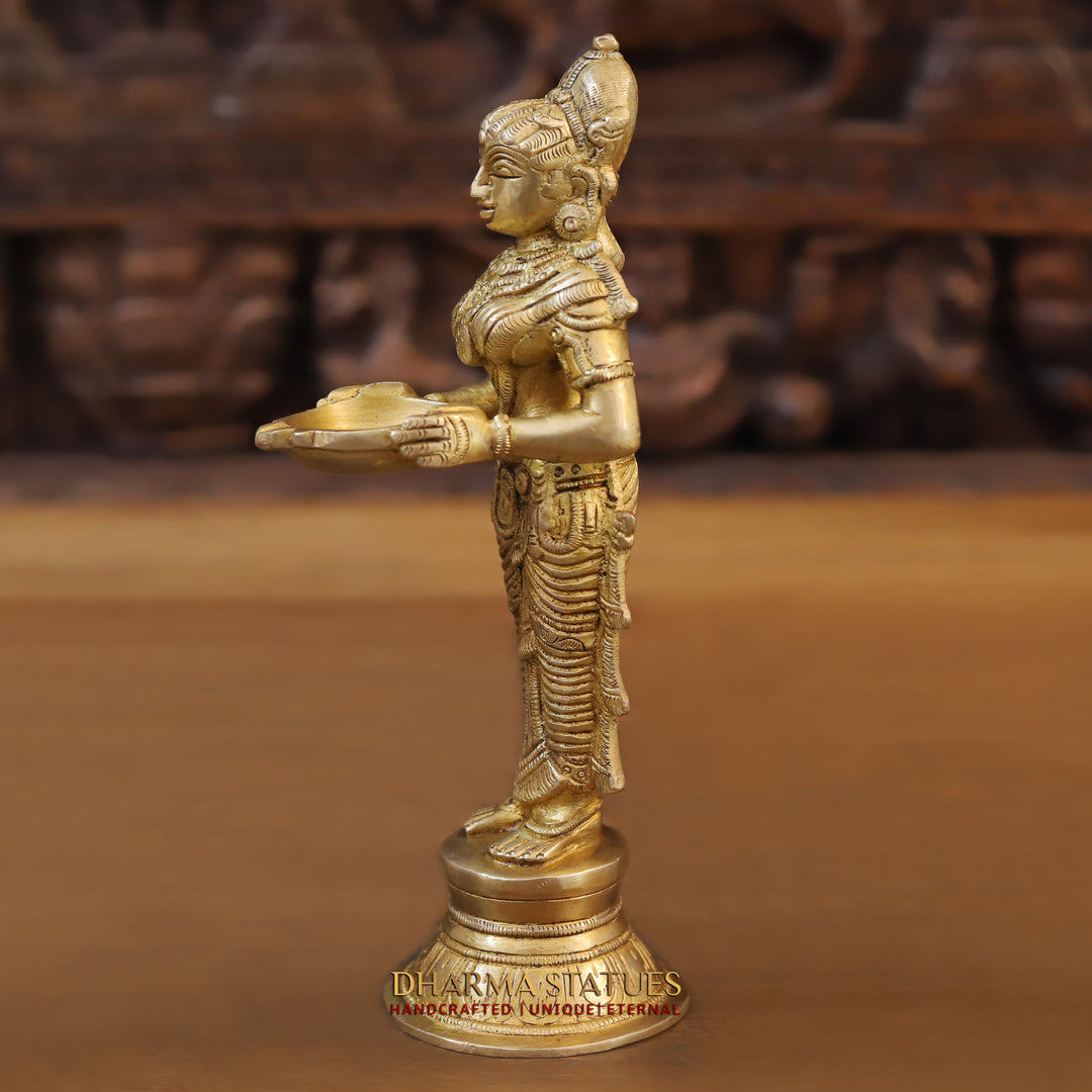 Brass Deep Lady. Standing Holding A Diya, Fine Golden Finish 9.5"