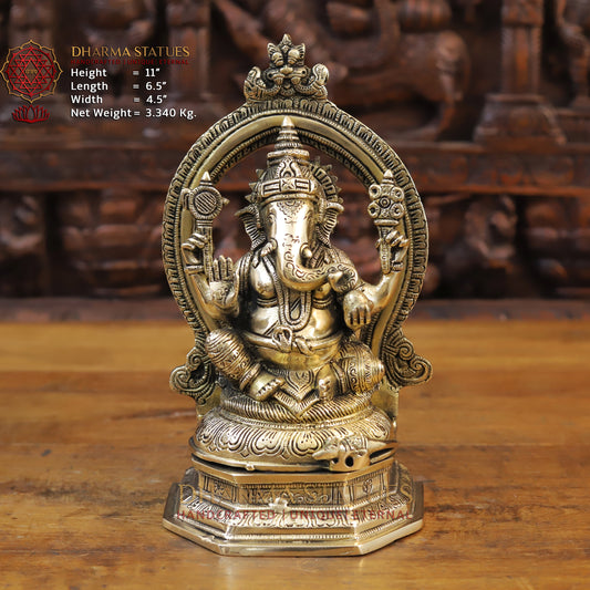 Brass Ganesh Statue With Frame, Fine Gold Finish, 11"