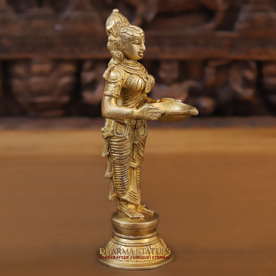 Brass Deep Lady. Standing Holding A Diya, Fine Golden Finish 9.5"