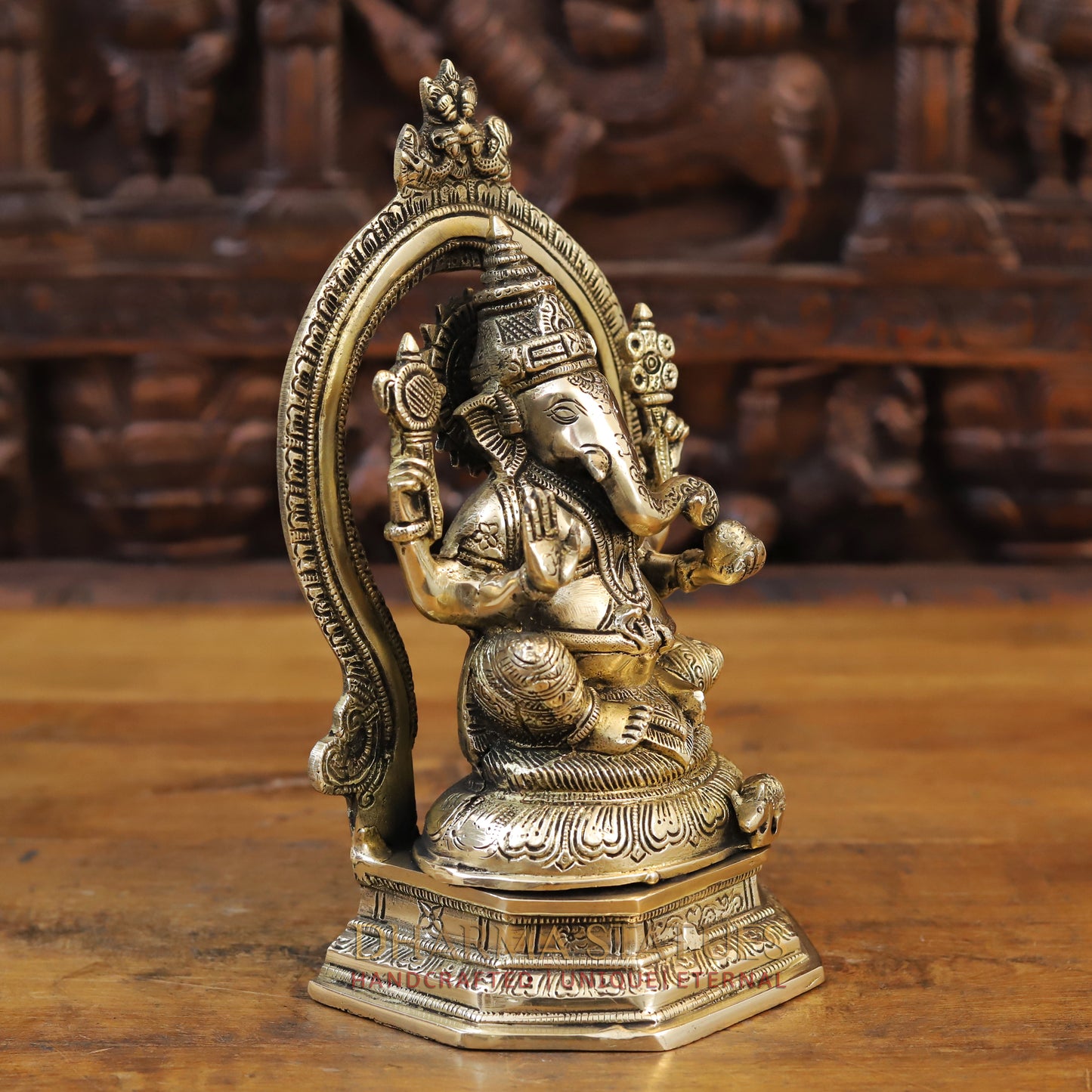 Brass Ganesh Statue With Frame, Fine Gold Finish, 11"
