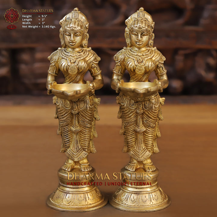 Brass Deep Lady. Standing Holding A Diya, Fine Golden Finish 9.5"