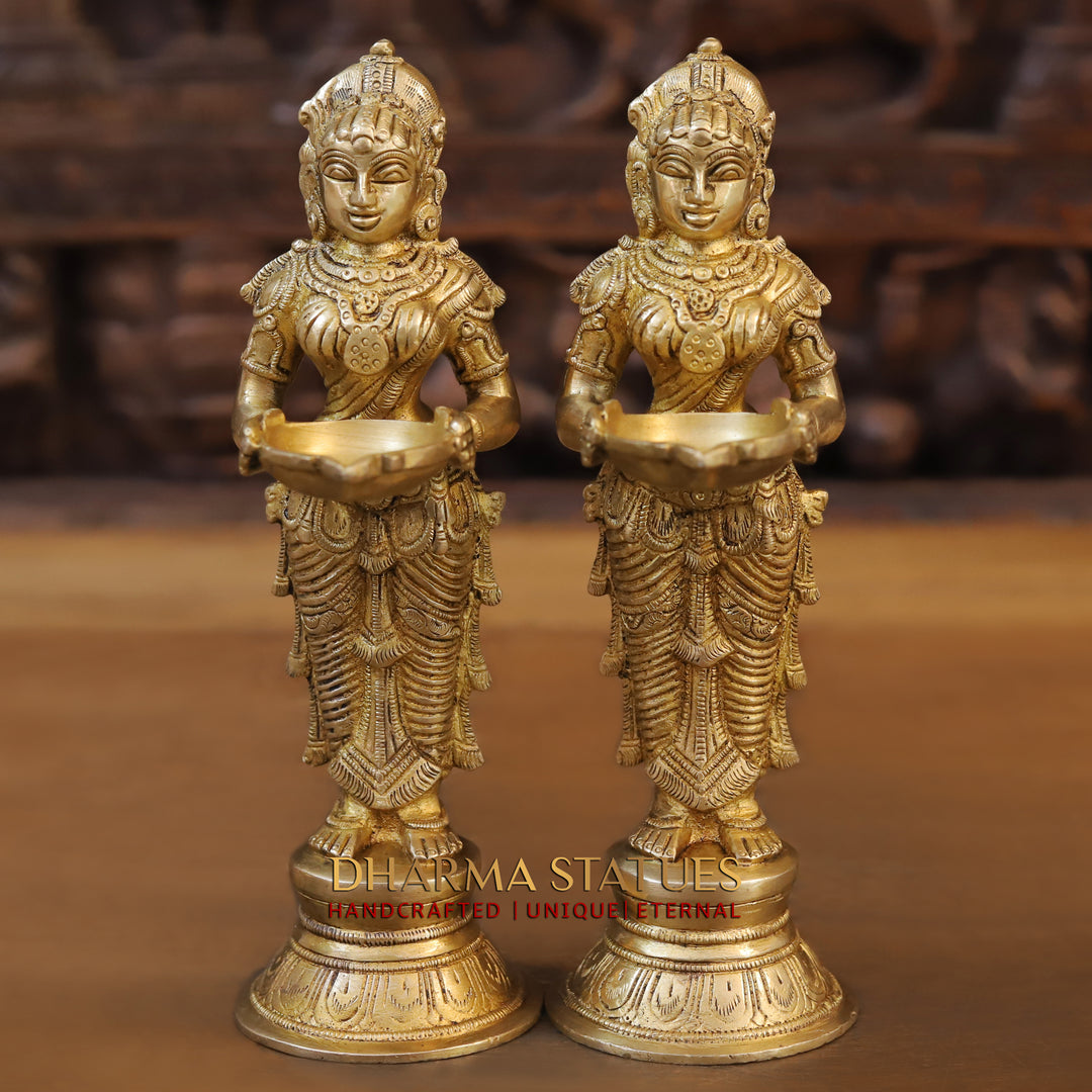 Brass Deep Lady. Standing Holding A Diya, Fine Golden Finish 9.5"