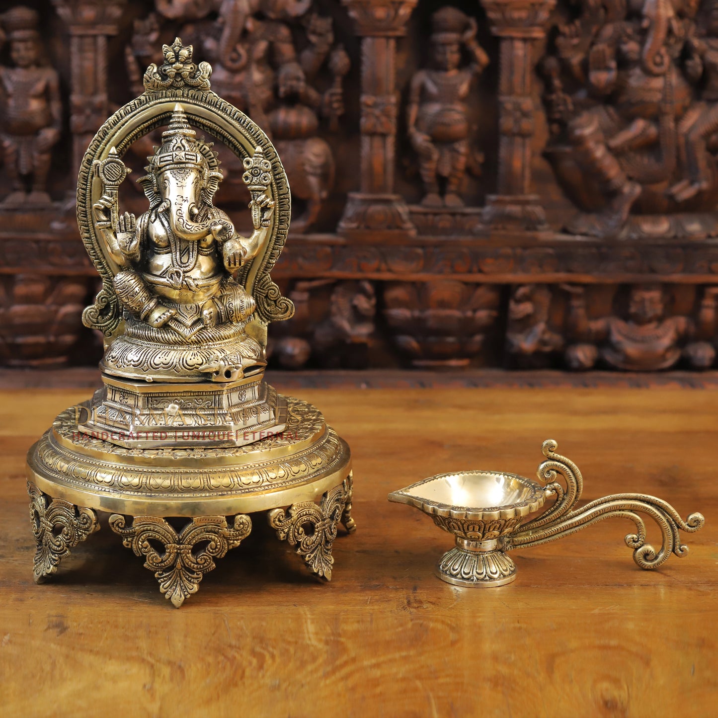 Brass Ganesh Statue With Frame, Fine Gold Finish, 11"