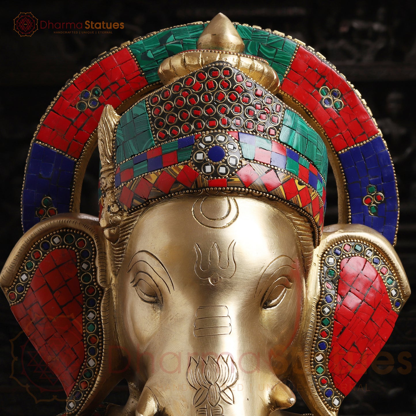 Brass Ganesh Sitting Without Base, Stone Work, 18"