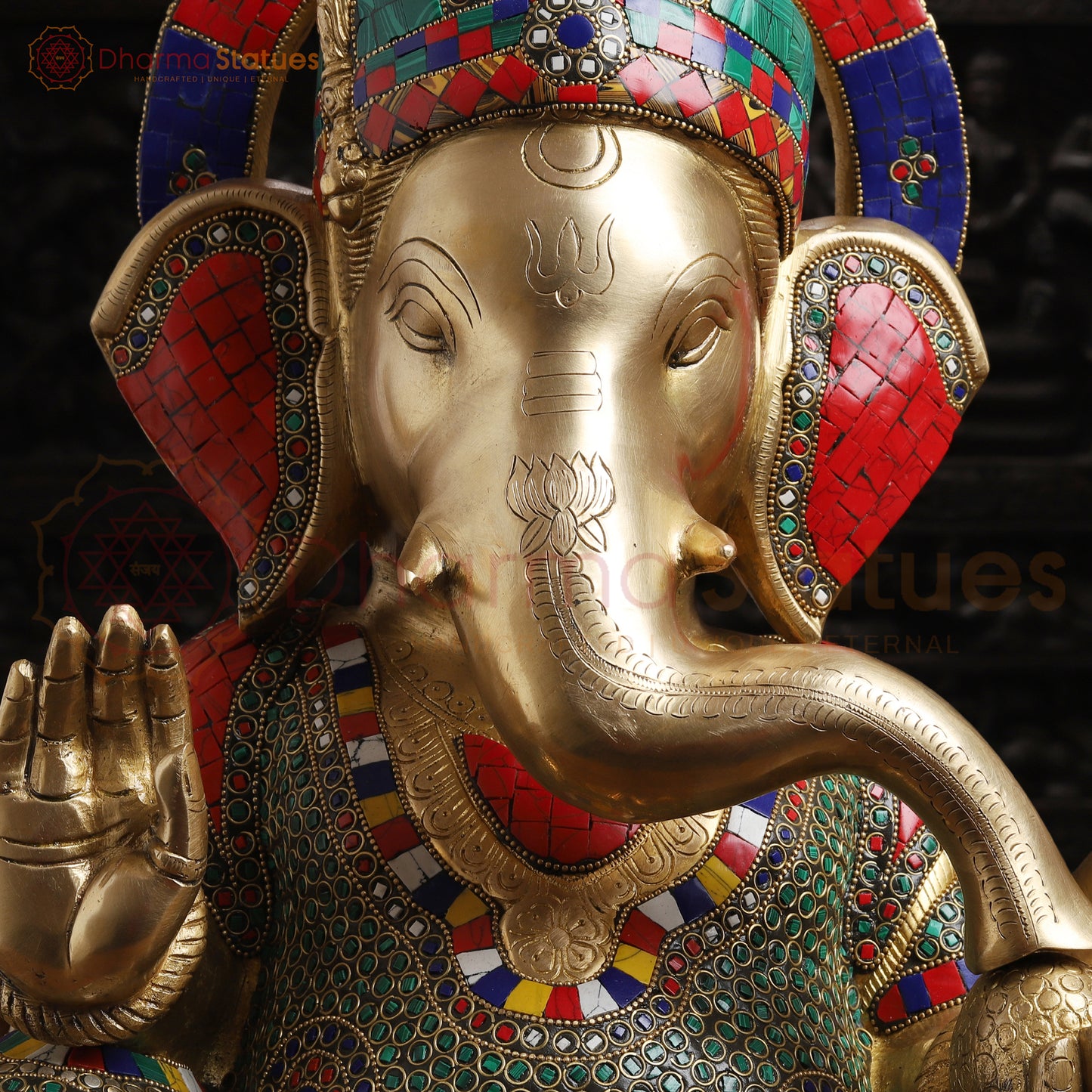 Brass Ganesh Sitting Without Base, Stone Work, 18"