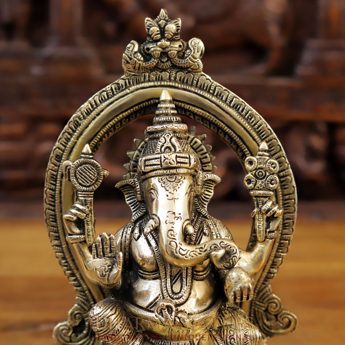 Brass Ganesh Statue With Frame, Fine Gold Finish, 11"