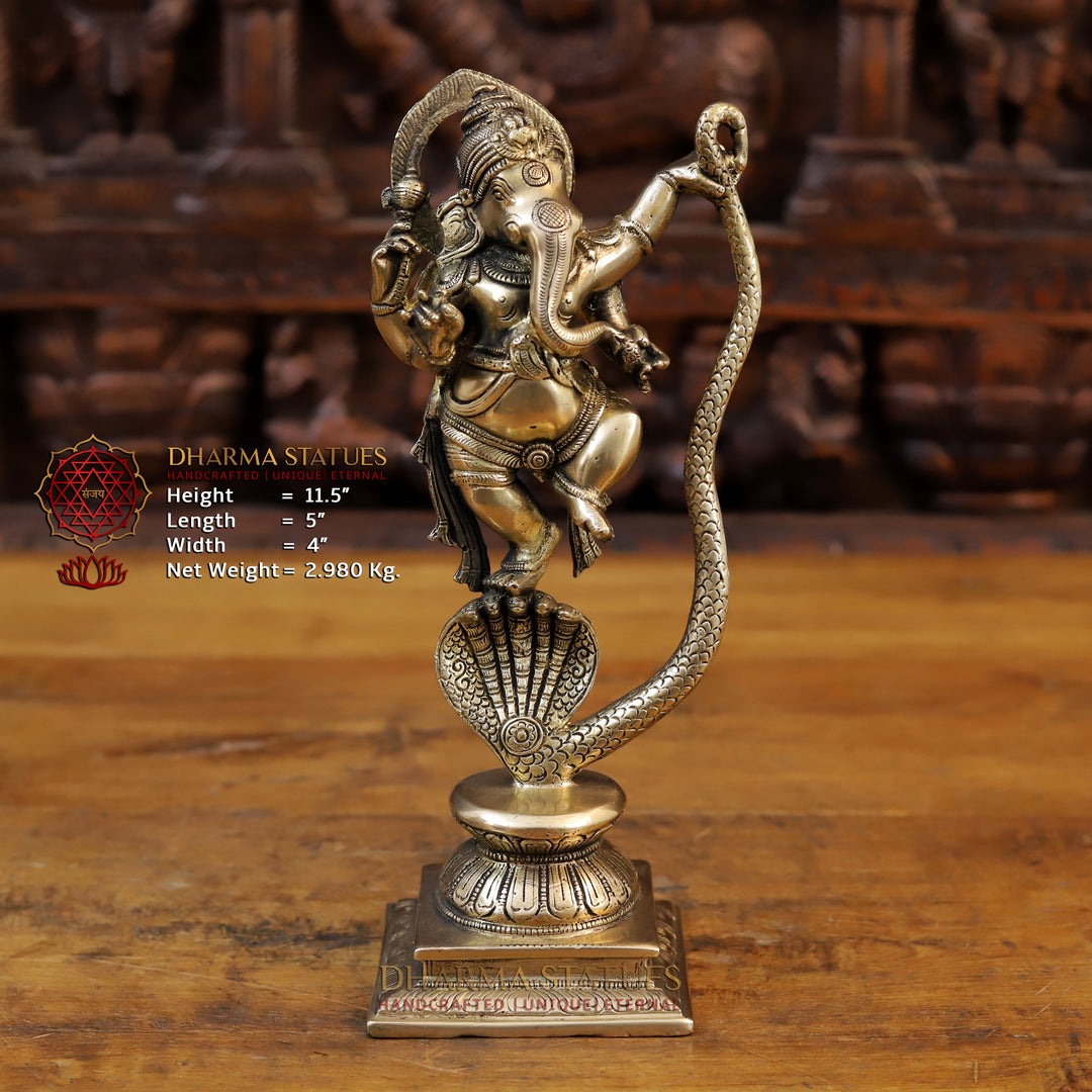 Brass Dancing Ganesh Statue on a Snake Head (Serpent), Fine Gold, 11.5" Front View