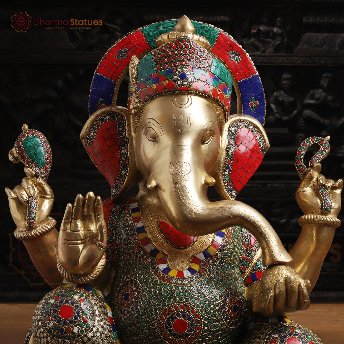 Brass Ganesh Sitting Without Base, Stone Work, 18"