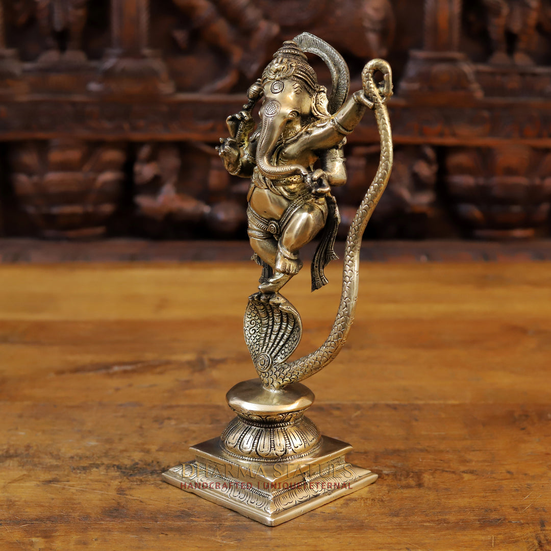 Brass Dancing Ganesh Statue on a Snake Head (Serpent), Fine Gold, 11.5"