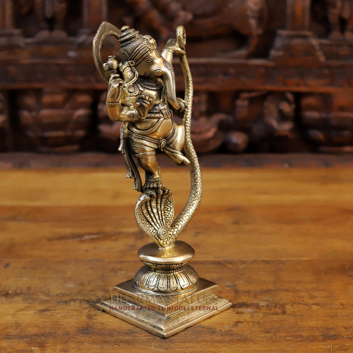 Brass Dancing Ganesh Statue on a Snake Head (Serpent), Fine Gold, 11.5"