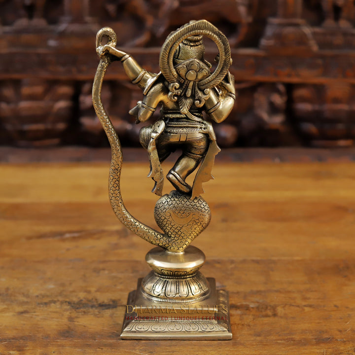 Brass Dancing Ganesh Statue on a Snake Head (Serpent), Fine Gold, 11.5"