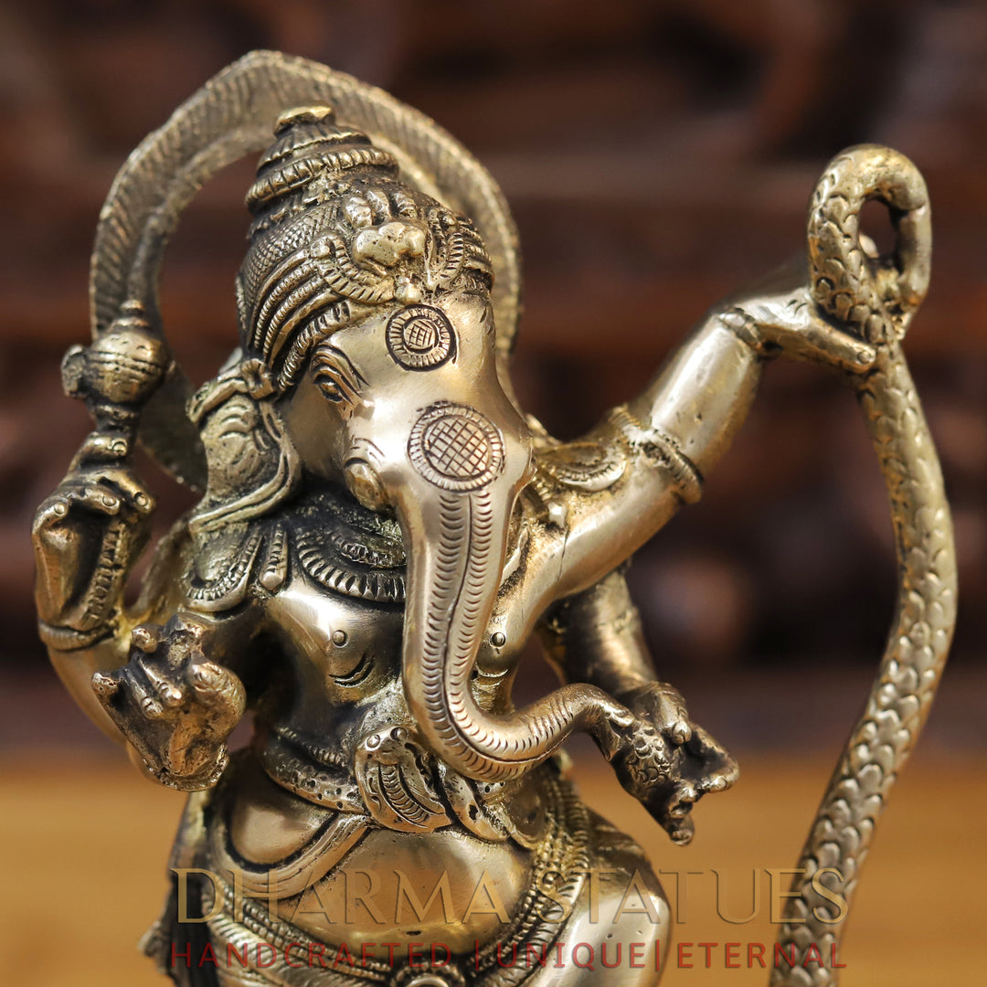 Brass Dancing Ganesh Statue on a Snake Head (Serpent), Fine Gold, 11.5"