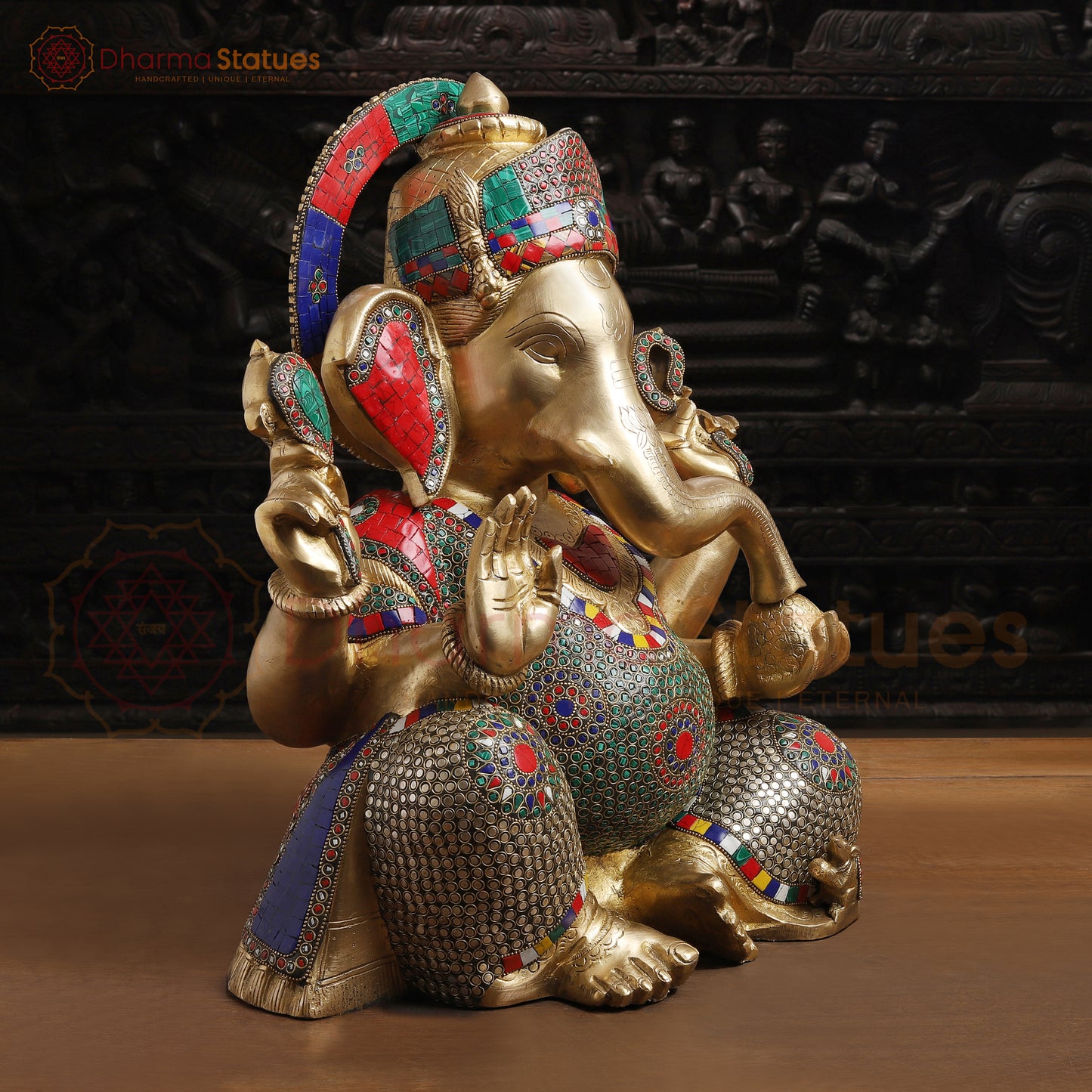 Brass Ganesh Sitting Without Base, Stone Work, 18"