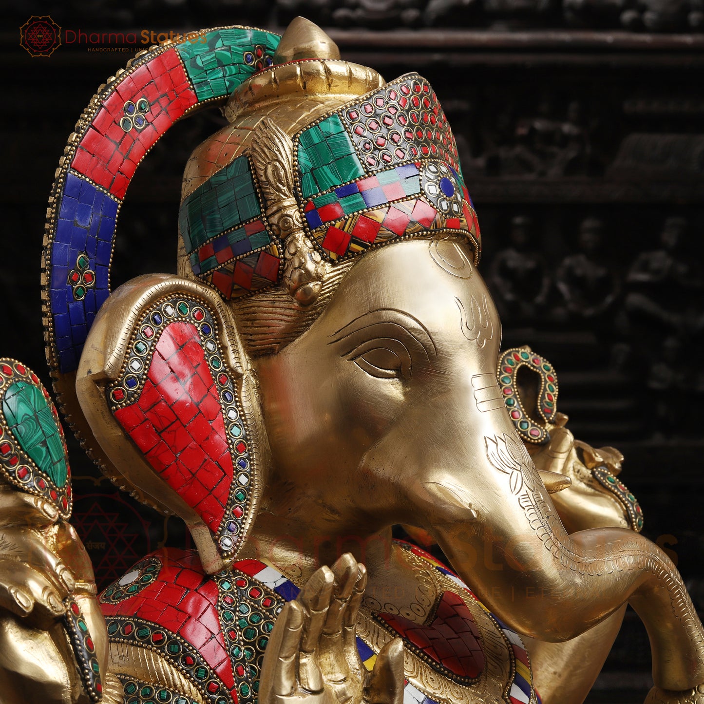 Brass Ganesh Sitting Without Base, Stone Work, 18"