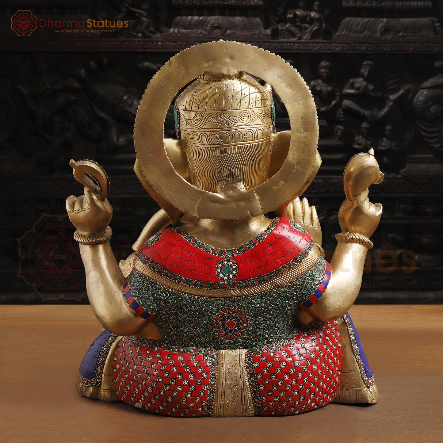 Brass Ganesh Sitting Without Base, Stone Work, 18"