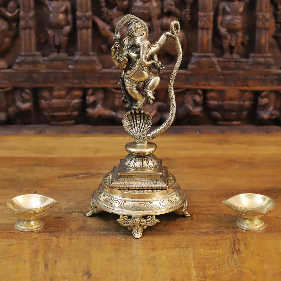 Brass Dancing Ganesh Statue on a Snake Head (Serpent), Fine Gold, 11.5"