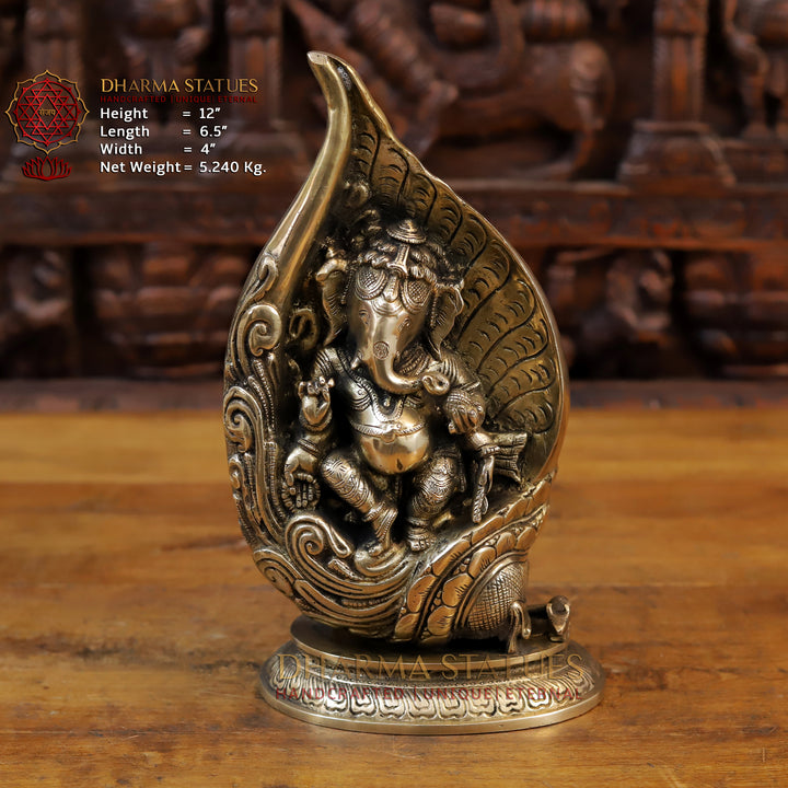 Brass Ganesh Dancing Under Shankh, Fine Golden Finish, 12" Front View