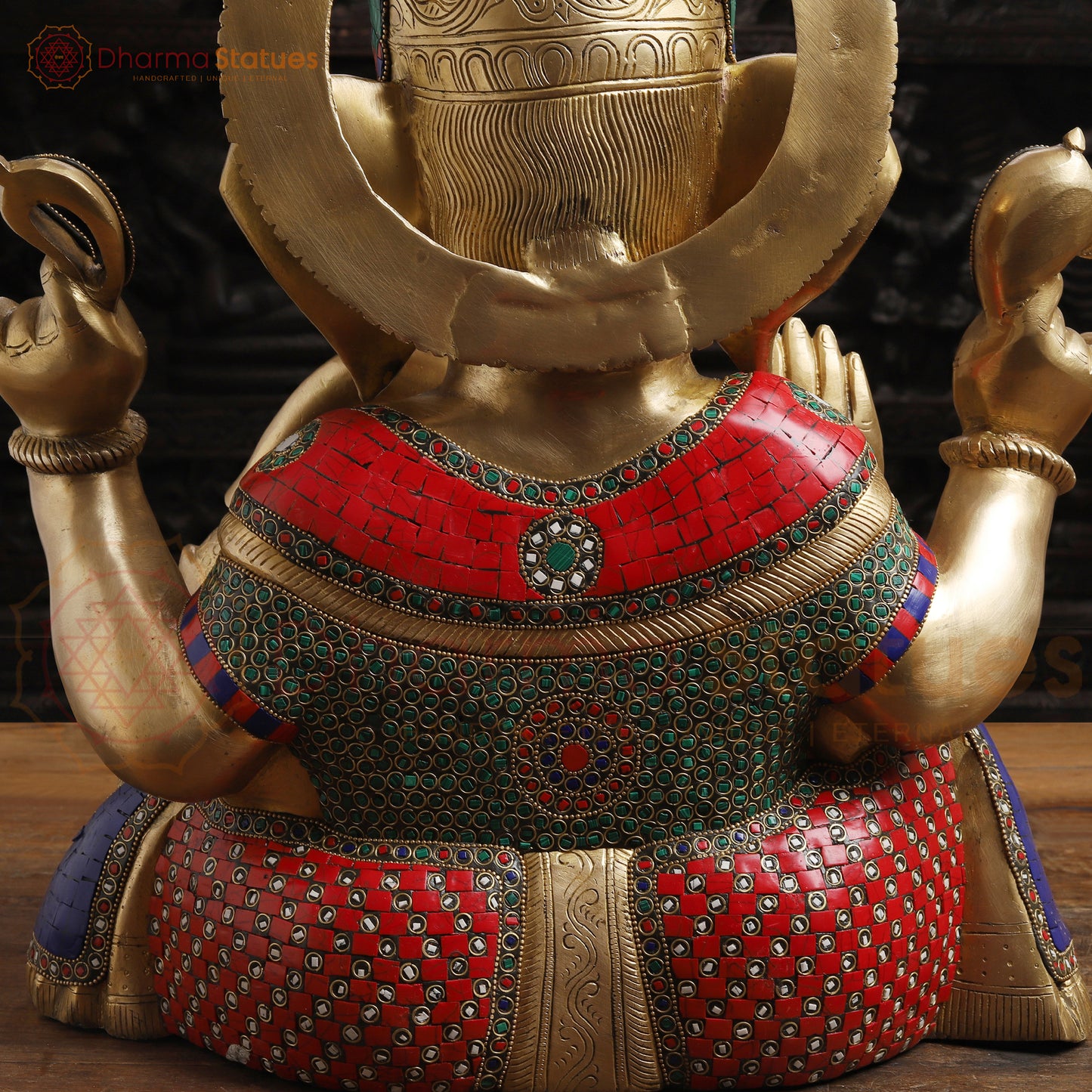 Brass Ganesh Sitting Without Base, Stone Work, 18"