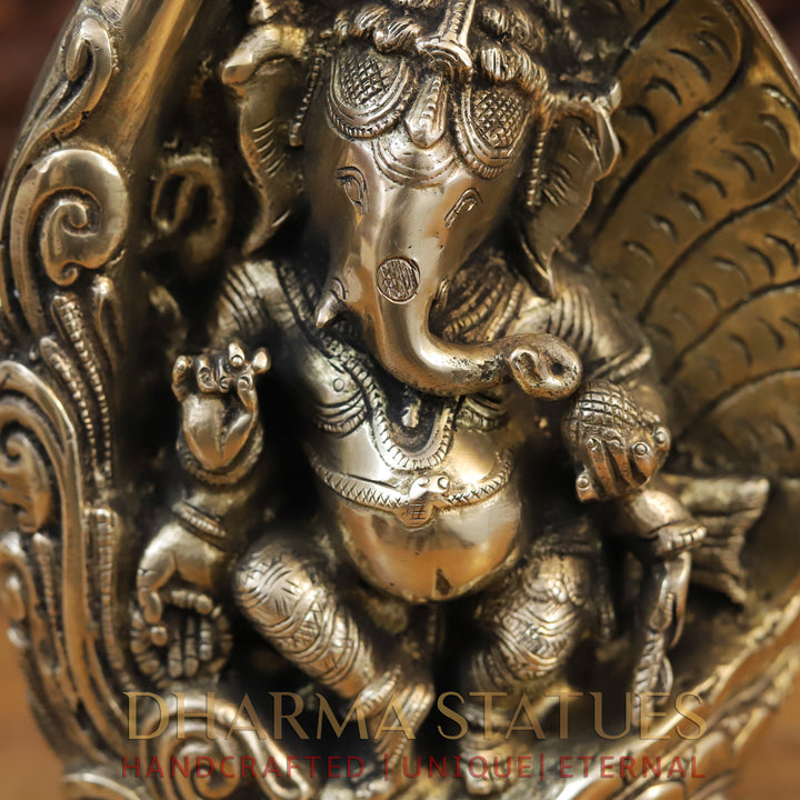 Brass Ganesh Dancing Under Shankh, Fine Golden Finish, 12"