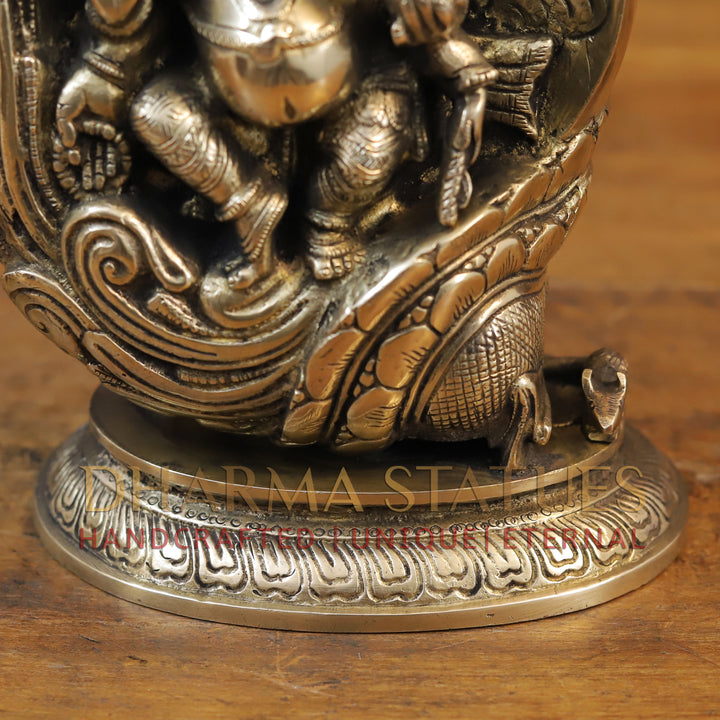 Brass Ganesh Dancing Under Shankh, Fine Golden Finish, 12"