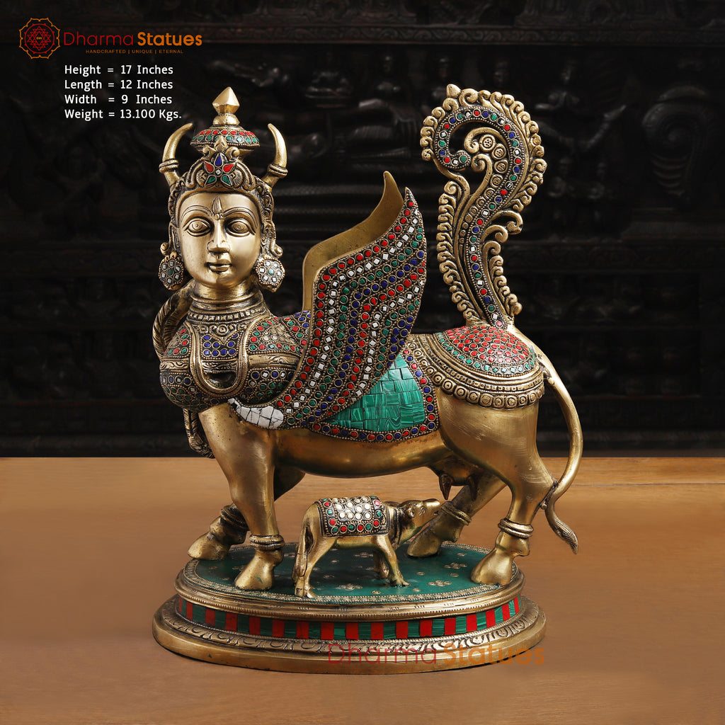 Brass Kamdhenu Cow Idol- Kamdhenu Cow with calf, Stone work 17"