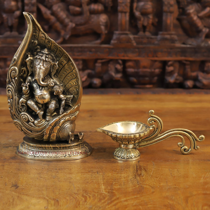 Brass Ganesh Dancing Under Shankh, Fine Golden Finish, 12"