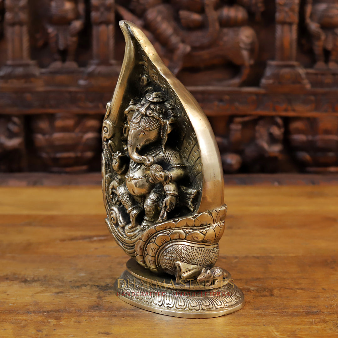 Brass Ganesh Dancing Under Shankh, Fine Golden Finish, 12"