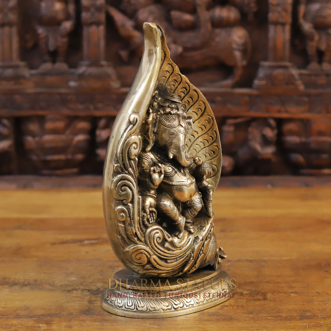 Brass Ganesh Dancing Under Shankh, Fine Golden Finish, 12"