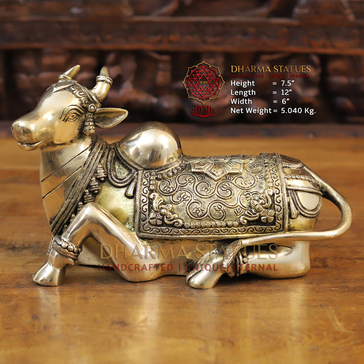 Brass Nandi Statue Seated With Fine carving, Smooth finish, 7.5” Front View