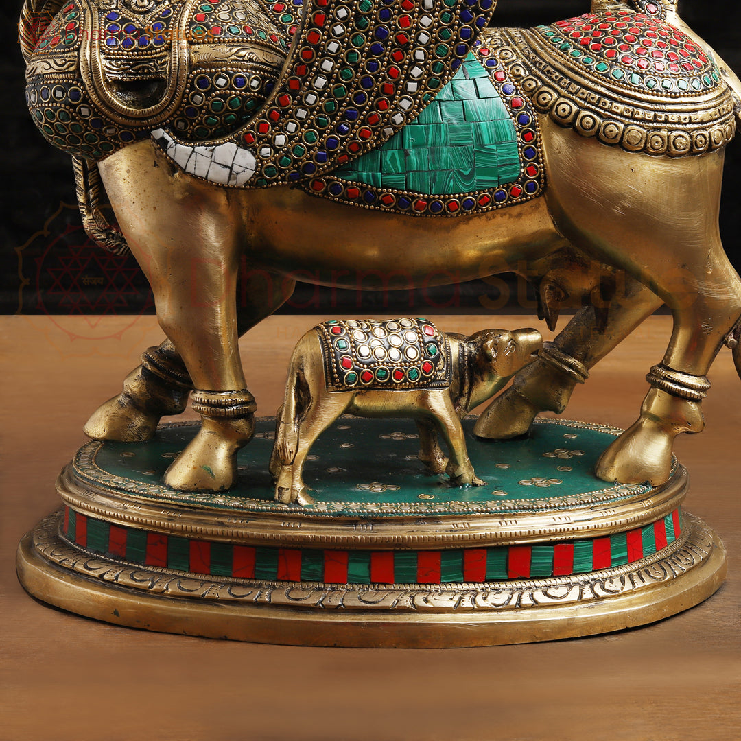 Brass Kamdhenu Cow with Calf, Standing on a Platform, - 17"
