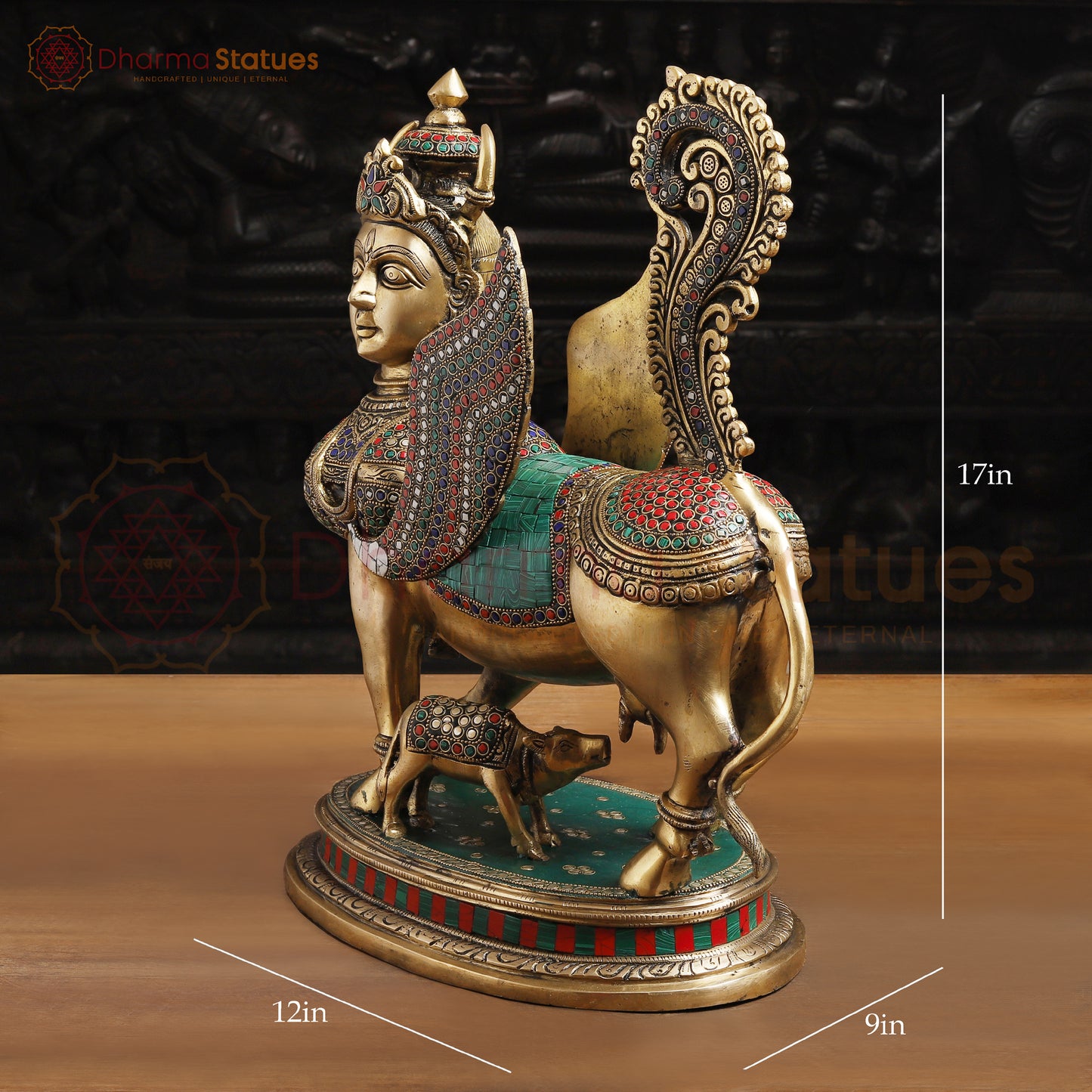 Brass Kamdhenu Cow Idol- Kamdhenu Cow with calf, Stone work 17"