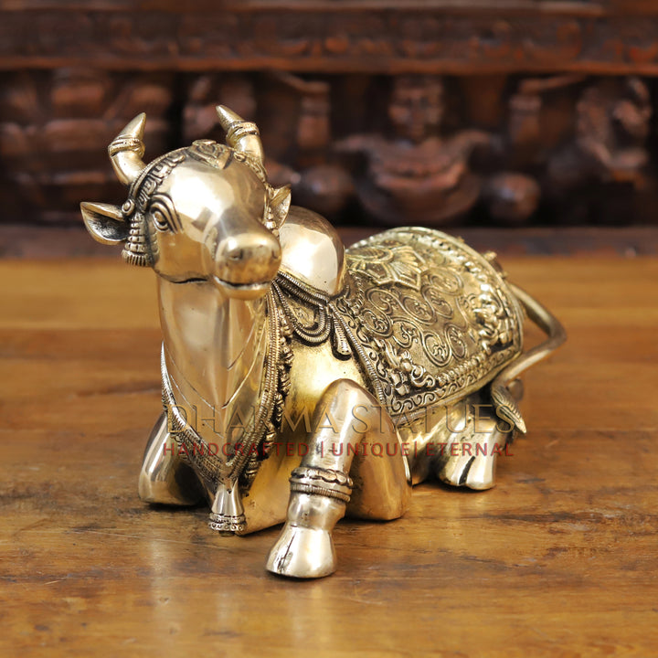 Brass Nandi Statue Seated, Intricate Detailing with Golden finish, 7.5”