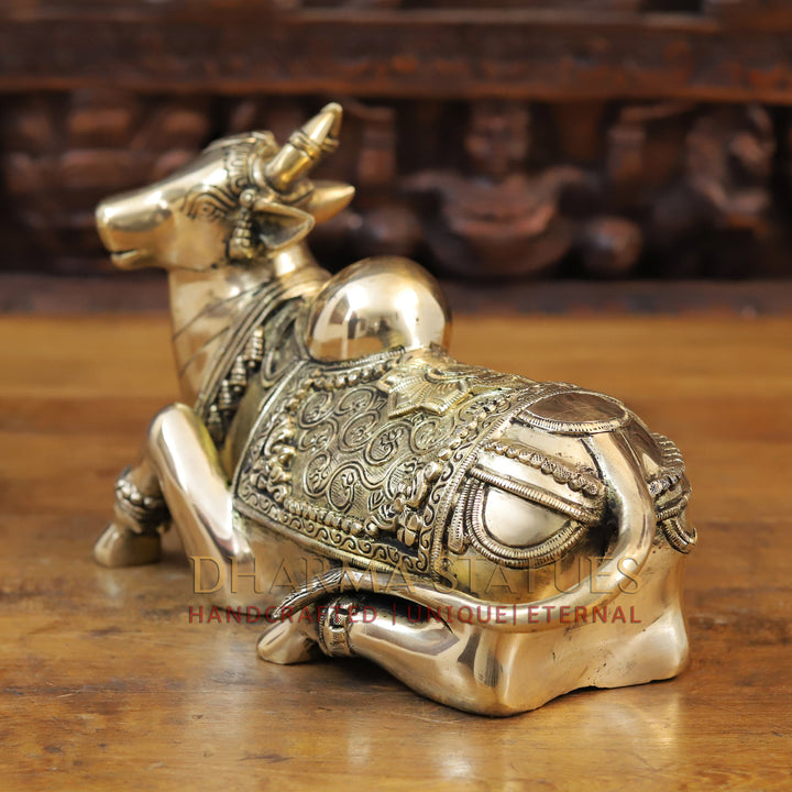 Brass Nandi Statue Seated, Intricate Detailing with Golden finish, 7.5”