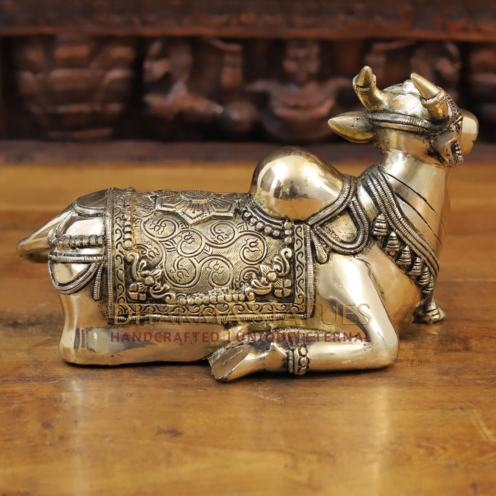 Brass Nandi Statue Seated, Intricate Detailing with Golden finish, 7.5”