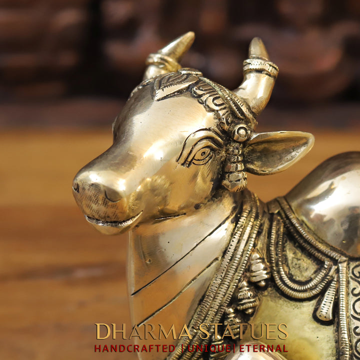 Brass Nandi Statue Seated, Intricate Detailing with Golden finish, 7.5”