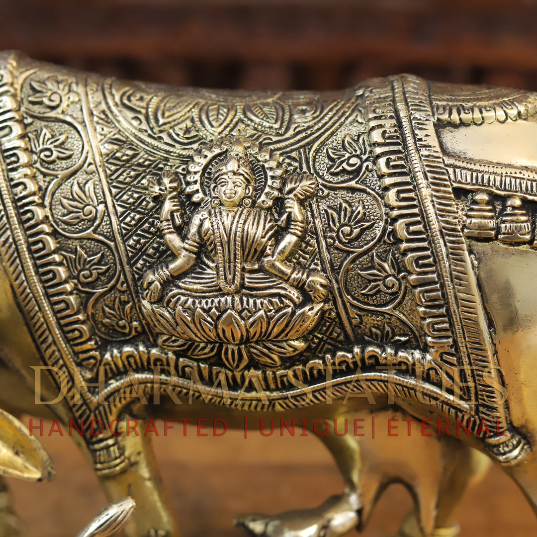 Brass Cow and Calf with Lakshmi Embosed on Back, Smooth finish 11.5”