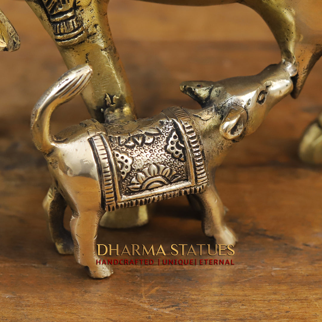 Brass Cow and Calf with Lakshmi Embosed on Back, Smooth finish 11.5”