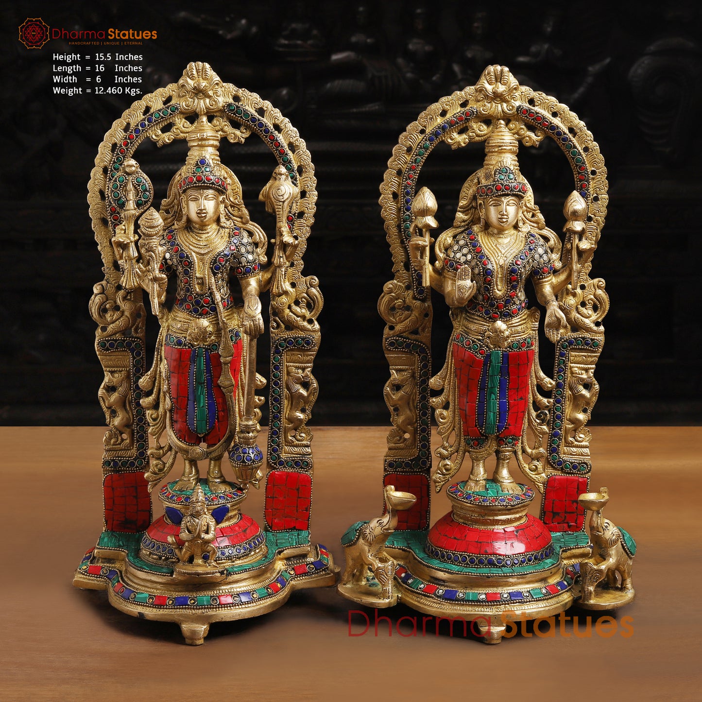 Brass Vishnu Lakshmi Idol | Standing on a Base with Back Frame 15.5 "
