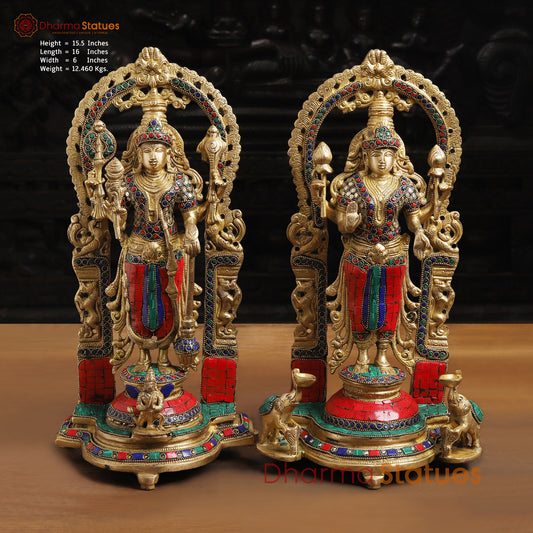 Brass Vishnu Lakshmi Idol | Standing on a Base with Back Frame 15.5 "