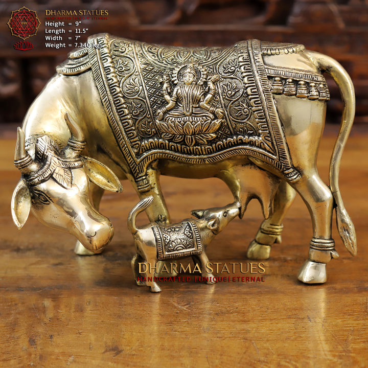 Brass Cow with Calf Idol Lakshmi Ji Engraved, Golden Finish, 9" Front View