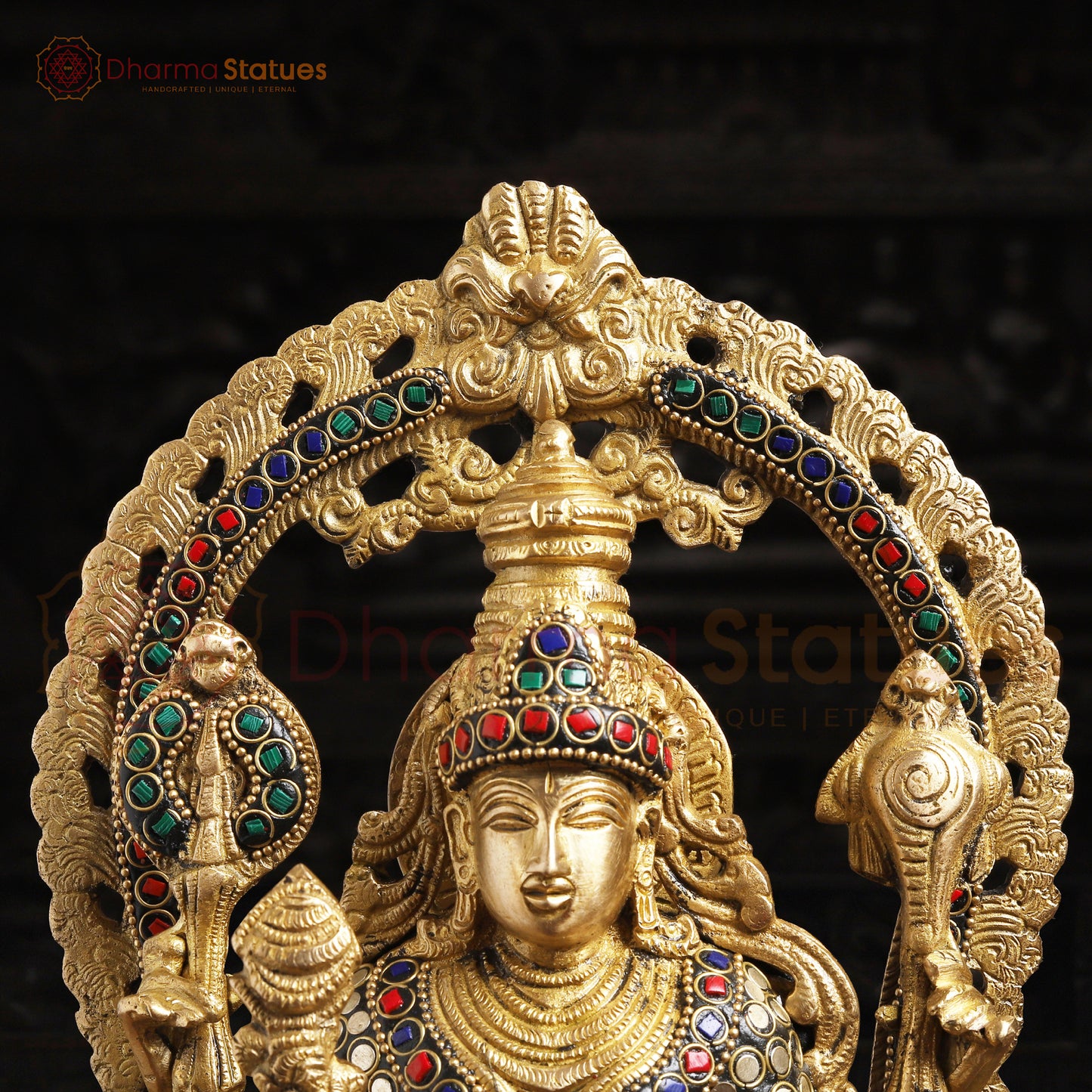 Brass Vishnu Lakshmi Idol | Standing on a Base with Back Frame 15.5 "